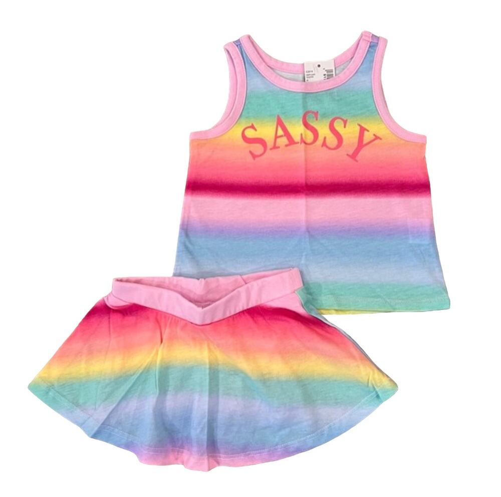 NWT Children's Place Pastel Rainbow W/"SASSY" Graphic Tank & Skort Outfit - 6-9M